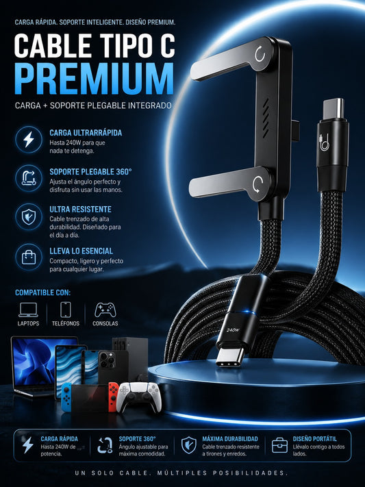 Cable Tipo C  Premium con Soporte Integrado y Carga Ultra Rápida 🚀⚡🔥